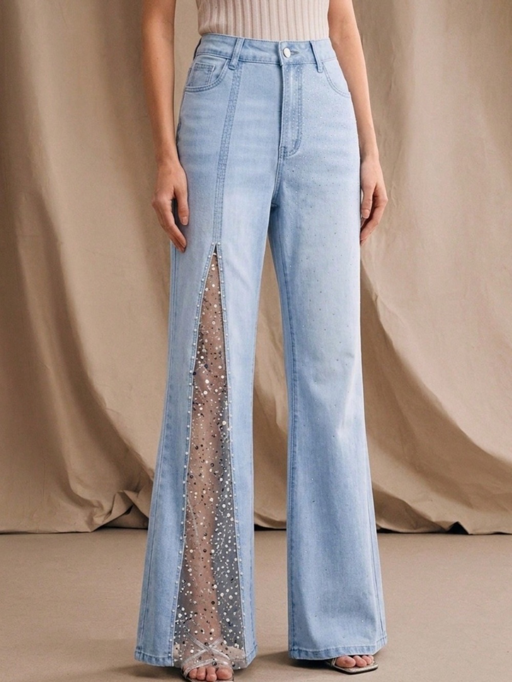Light wash Rhinestone Sequin Semi Sheer Wide leg Denim Jeans Pants - Picture 3 of 4